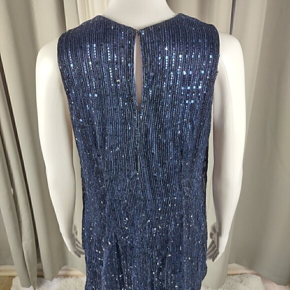 Leslie Fay Blue Sleeveless Double Keyhole Crew Neck Sequin Shirt Dress Size 8 - Picture 5 of 13